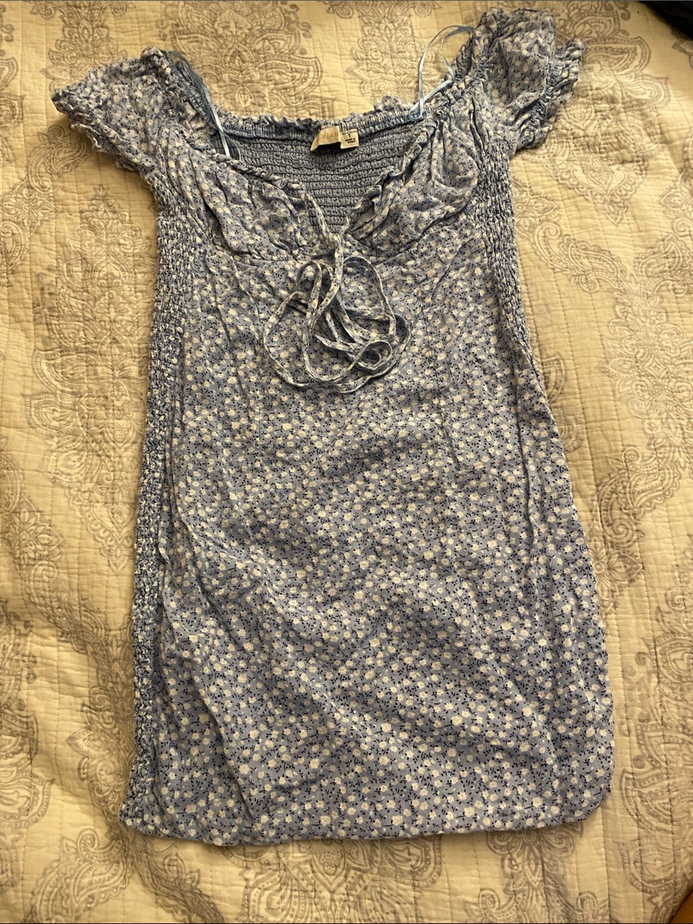 O.Vianca Blue Floral Smocked Midi Dress with Ruffle Tie Neckline